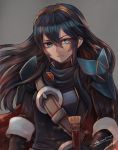  1girl blue_eyes blue_hair cape commentary english_commentary fire_emblem fire_emblem:_kakusei fire_emblem_heroes glowing glowing_eye kaejunni long_hair lucina nintendo pauldrons ribbed_sweater scarf shoulder_armor strap sweater sword tiara weapon 