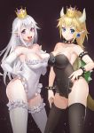  2girls :d :t absurdres adapted_costume armlet armpits asymmetrical_docking bangs bare_shoulders black_leotard blonde_hair blue_eyes blush bowsette bracelet breast_press breasts cleavage closed_mouth collar collarbone commentary_request contrapposto covered_navel cowboy_shot crown earrings elbow_gloves frilled_leotard frills gem gloves hair_between_eyes hand_on_hip hand_on_own_chest hand_on_own_thigh highleg highleg_leotard highres hongye_feixue horns jewelry large_breasts leg_garter leotard long_hair looking_at_viewer luigi&#039;s_mansion super_mario_bros. multiple_girls neck_garter new_super_mario_bros._u_deluxe nintendo open_mouth pointy_ears ponytail pout princess_king_boo purple_background sharp_teeth shiny shiny_hair sidelocks smile spiked_armlet spiked_bracelet spiked_collar spiked_shell spikes super_crown tail teeth thigh-highs thighs tongue tongue_out upper_teeth v-shaped_eyebrows very_long_hair white_gloves white_hair white_legwear white_leotard 
