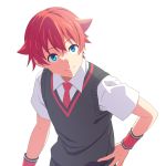  1boy bettle_(b_s_a_n) blue_eyes hand_on_hip hibiki_yuuta highres looking_at_viewer necktie red_neckwear redhead shirt short_sleeves simple_background solo ssss.gridman sweater_vest upper_body white_background white_shirt wristband 