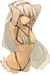  1girl absurdres altera_(fate) armpits bangs blunt_bangs breasts choker cleavage closed_mouth collarbone commentary_request dark_skin detached_sleeves eyebrows_visible_through_hair fate/grand_order fate_(series) full_body_tattoo hair_between_eyes hands_on_own_head headdress highres hips jewelry midriff navel pisuta_(yamashiro) red_eyes revealing_clothes short_hair skirt small_breasts smile solo stomach tan tattoo veil white_hair white_skirt 