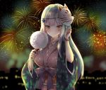  1girl aerial_fireworks arm_up bangs blurry blurry_background blush breasts brown_kimono building closed_mouth commentary cotton_candy depth_of_field eyebrows_visible_through_hair facial_mark fingernails fireworks food fox_mask girls_frontline green_eyes hk416_(girls_frontline) holding holding_food japanese_clothes kimono long_hair long_sleeves looking_at_viewer mask mask_on_head medium_breasts melynx_(user_aot2846) night night_sky obi outdoors revision sash silver_hair sky solo very_long_hair wide_sleeves 