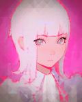  1girl blue_eyes close-up closed_mouth eyebrows_visible_through_hair face highres ilya_kuvshinov original pink_background short_hair solo symbol-shaped_pupils white_hair 