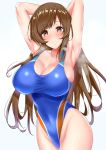  1girl armpits arms_behind_head arms_up bangs bare_shoulders blue_swimsuit blush breasts brown_eyes brown_hair cleavage closed_mouth collarbone covered_navel heavy_breathing highleg highleg_swimsuit highres hips idolmaster idolmaster_cinderella_girls large_breasts long_hair looking_at_viewer nitta_minami one-piece_swimsuit sankakusui shiny shiny_hair simple_background smile solo swept_bangs swimsuit thighs waist white_background 