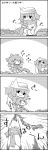  4koma arms_up bow cirno comic commentary_request emphasis_lines greyscale hair_bow hat highres holding_person ice ice_wings leaf letty_whiterock looking_at_another monochrome plant pulling scarf short_hair smile tani_takeshi touhou translation_request wings yukkuri_shiteitte_ne |_| 