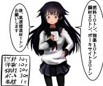  1girl absurdres akatsuki_(kantai_collection) bangs black_hair black_legwear black_skirt blue_eyes blush breasts commentary_request double_horizontal_stripe eyebrows_visible_through_hair hair_flaps hair_spread_out hand_on_hip hand_up highres holding kantai_collection long_hair long_sleeves miniskirt neckerchief parted_lips pleated_skirt raised_eyebrows reading red_neckwear school_uniform serafuku shirt simple_background skirt small_breasts solo speech_bubble standing tareme translation_request white_background white_shirt 