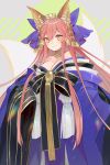  1girl animal_ear_fluff animal_ears blush breasts cleavage fate/extra fate/grand_order fate_(series) fox_ears fox_girl fox_tail highres japanese_clothes large_breasts long_hair looking_at_viewer multiple_tails pink_hair solo tail tamamo_(fate)_(all) tamamo_no_mae_(fate) turkey_(weave7769) yellow_eyes 