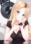  1girl black_shirt blonde_hair blue_eyes blush breasts cleavage closed_mouth collarbone eyebrows_visible_through_hair hyuuga_azuri jewelry klasse14 large_breasts long_hair looking_at_viewer necklace original shirt short_sleeves smile solo upper_body watch watch 