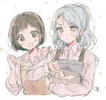  2girls :d alternate_hairstyle apron aqua_hair artist_name bang_dream! bangs brown_eyes brown_hair clenched_hands collared_shirt eyebrows_visible_through_hair green_eyes hands_up hazawa_tsugumi hikawa_sayo kudo_(low_temp) long_hair long_sleeves mixing mixing_bowl multiple_girls muted_color open_mouth ponytail shirt short_hair sidelocks sleeves_rolled_up smile spatula sweatdrop upper_body v-shaped_eyebrows 