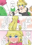  2girls arm_holding bare_shoulders black_dress blonde_hair blue_earrings blue_eyes blush blush_stickers bowsette breasts cleavage comic crying crying_with_eyes_open dress engrish horns long_hair super_mario_bros. multiple_girls new_super_mario_bros._u_deluxe nintendo nose_blush pink_dress ponytail pov princess_peach ranguage sesield short_hair strapless strapless_dress streaming_tears super_crown tears 