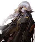  1girl assault_rifle bangs blonde_hair braid closed_mouth commentary eyepatch girls_frontline gloves gun jacket long_hair m16 m16a1 m16a1_(girls_frontline) mole mole_under_eye multicolored_hair rifle scar silence_girl silver_hair solo streaked_hair weapon white_background yellow_eyes 
