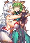  2girls ahoge animal_ears armpits artemis_(fate/grand_order) atalanta_(fate) bare_arms bare_shoulders breast_press breasts cat_ears cat_tail cheek_kiss commentary_request dress fate/grand_order fate_(series) gradient_hair green_dress green_eyes green_hair highres holding_arms hug huge_breasts kiss long_hair melon22 multicolored_hair multiple_girls navel_cutout one_eye_closed open_mouth orion_(fate/grand_order) stuffed_animal stuffed_toy sweatdrop tail teddy_bear two-tone_hair white_hair yuri 
