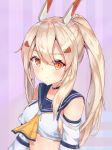  &gt;:( 1girl ayanami_(azur_lane) azur_lane bangs bare_shoulders blonde_hair blue_sailor_collar blush breasts buckle closed_mouth collar commentary_request crop_top detached_sleeves hair_between_eyes hair_ornament hairclip headgear highres long_hair looking_at_viewer mishuo_(misuo69421) neckerchief ponytail sailor_collar shiny shiny_hair sideboob sidelocks small_breasts solo striped striped_background upper_body yellow_neckwear 