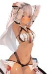  1girl altera_(fate) armpits bangs blunt_bangs breasts choker closed_mouth collarbone dark_skin detached_sleeves eyebrows_visible_through_hair fate/grand_order fate_(series) full_body_tattoo hair_between_eyes hands_on_own_head headdress highres hips jewelry midriff navel pisuta_(yamashiro) red_eyes revealing_clothes short_hair small_breasts smile solo stomach tan tattoo veil white_hair 