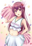  1girl arm_up armpits breasts brown_hair cheerleader clothes_writing confetti crop_top ganbare_ganbare_(itou_life) hair_ornament highres kantai_collection kisaragi_(kantai_collection) long_hair looking_at_viewer meme midriff minakami_mimimi miniskirt open_mouth pink_background pom_poms ribbon skirt sleeveless small_breasts smile solo two-tone_background violet_eyes white_background white_skirt 