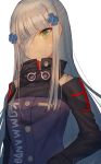  1girl artist_name bandage_over_one_eye bandaid bandaid_on_face bangs blunt_bangs blush closed_mouth clothes_writing eyebrows_visible_through_hair girls_frontline goggles goggles_around_neck green_eyes hair_ornament high_collar highres hk416_(girls_frontline) long_hair long_sleeves military military_uniform one_eye_covered sidelocks simple_background slit_pupils solo straight_hair uniform upper_body white_background xanax025 
