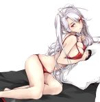  1girl antenna_hair azur_lane bangs bare_arms bare_legs bare_shoulders barefoot bed bed_sheet black_ribbon blush bra breasts butt_crack cleavage collarbone commentary_request eyebrows_visible_through_hair iron_cross large_breasts lips long_hair looking_at_viewer mole mole_on_breast multicolored_hair navel orange_eyes panties prinz_eugen_(azur_lane) red_bra red_panties ribbon rizzl sideboob silver_hair stomach strap_pull streaked_hair swept_bangs swimsuit thighs two_side_up underwear underwear_only 