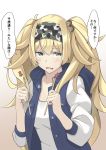  1girl alternate_costume blonde_hair blue_eyes blush eyebrows_visible_through_hair gambier_bay_(kantai_collection) gradient gradient_background headband highres hood kantai_collection long_hair long_sleeves looking_at_viewer negahami open_mouth solo translation_request twintails wavy_mouth 
