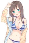  1girl :d aqua_eyes arm_up bangs bikini blue_bikini blush breasts brown_hair cleavage collarbone eyebrows_visible_through_hair hood hoodie jacket large_breasts long_hair looking_at_viewer maigoyaki navel open_clothes open_jacket open_mouth original simple_background smile solo striped striped_bikini swimsuit tareme upper_body white_background 