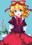  1girl :d arms_behind_back blonde_hair blue_background blue_eyes bow bowtie eyebrows_visible_through_hair flower frills hair_between_eyes hair_ribbon highres lily_of_the_valley looking_at_viewer medicine_melancholy medium_hair open_mouth puffy_short_sleeves puffy_sleeves purple_shirt red_bow red_ribbon red_skirt ribbon ruu_(tksymkw) shirt short_sleeves simple_background skirt smile solo touhou 