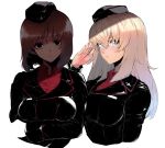  2girls bangs black_eyes black_hat black_jacket blue_eyes breast_hold breasts brown_hair closed_mouth commentary_request crossed_arms dark_persona dress_shirt emblem empty_eyes garrison_cap girls_und_panzer hat itsumi_erika jacket kuromorimine_military_uniform light_frown long_hair long_sleeves looking_at_viewer military military_hat military_uniform mityubi multiple_girls nishizumi_miho red_shirt salute shaded_face shirt short_hair side-by-side silver_hair simple_background uniform upper_body white_background wing_collar 