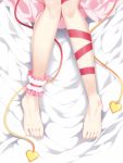  1girl ankle_cuffs barefoot bed_sheet commentary_request heart knees_together_feet_apart komeiji_satori leg_ribbon lying maturiuta_sorato on_back out_of_frame red_ribbon ribbon shadow solo touhou 
