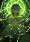  1girl ahoge android ass_visible_through_thighs background_lightning bangs breasts closed_eyes closed_mouth cowboy_shot facing_viewer hair_between_eyes highres ihobus long_hair mecha mechanical_arm midriff original sitting solo tube water_drop 