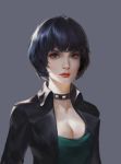  1girl absurdres black_bra black_hair black_shirt bra breasts brown_eyes camisole cleavage collar grey_background highres lipstick looking_at_viewer makeup medium_breasts nose open_clothes open_shirt pale_skin pan_xuan persona persona_5 realistic shirt short_hair solo studded_collar takemi_tae underwear upper_body 