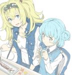  2girls alternate_costume blonde_hair blue_eyes blue_hair blush_stickers breast_pocket breasts buttons chopsticks collared_shirt double_bun fish food gambier_bay_(kantai_collection) hair_between_eyes hair_ornament hairband hairclip holding holding_chopsticks kantai_collection large_breasts long_hair long_sleeves looking_at_another multiple_girls ninimo_nimo open_clothes open_mouth open_vest pocket puckered_lips samuel_b._roberts_(kantai_collection) shirt short_hair sitting smile twintails unbuttoned vest white_shirt 