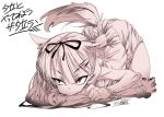  1girl alabaster_(artist) all_fours animal_ears apron biting fang frilled_apron frills hair_flaps kantai_collection long_hair monochrome remodel_(kantai_collection) sepia signature solo tail translation_request wolf_ears wolf_tail yuudachi_(kantai_collection) 