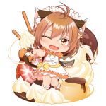  1girl ;3 ;d ahoge alternate_costume animal_ears apron blush bowl brown_eyes brown_footwear brown_hair cat_ears cat_tail checkerboard_cookie chen chibi commentary_request cookie doughnut enmaided eyebrows_visible_through_hair fang food frilled_apron frilled_skirt frills fruit hair_between_eyes head_tilt highres holding holding_bowl icing jewelry knees_together_feet_apart kurumai looking_at_viewer maid maid_apron maid_headdress multiple_tails one_eye_closed open_mouth orange_shirt orange_skirt outstretched_arm pocky pudding puffy_short_sleeves puffy_sleeves ribbon shirt short_hair short_sleeves simple_background single_earring skirt smile solo standing strawberry tail touhou whisk white_background white_legwear yellow_neckwear yellow_ribbon 