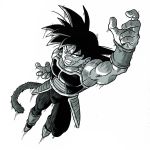  1boy armor bardock black_eyes black_hair boots clenched_teeth commentary dragon_ball dutch_angle english_commentary fighting_stance fingernails from_above frown full_body greyscale highres jumping male_focus monochrome official_art outstretched_hand scar serious shaded_face short_hair simple_background spiky_hair tail teeth toriyama_akira white_background wristband 