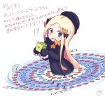  !? 1girl abigail_williams_(fate/grand_order) bangs black_bow black_dress black_hat blonde_hair blue_eyes blush bow bug butterfly dated dice dress eyebrows_visible_through_hair fate/grand_order fate_(series) forehead hair_bow hat holding insect kujou_karasuma long_hair long_sleeves looking_at_viewer open_mouth orange_bow parted_bangs signature sketch sleeves_past_fingers sleeves_past_wrists solo translation_request very_long_hair wavy_mouth 
