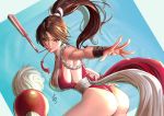  1girl ass breasts brown_eyes closed_fan fan fatal_fury folding_fan high_ponytail japanese_clothes large_breasts mouth_hold ninja ponytail revealing_clothes shiranui_mai sideboob snk solo the_king_of_fighters thong yamahara 