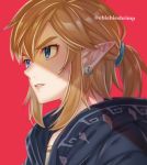  1boy blonde_hair blue_eyes commentary earrings from_side hair_between_eyes jewelry link lips medium_hair parted_lips pointy_ears ponytail portrait red_background shade shuri_(84k) sidelocks simple_background solo symbol_commentary the_legend_of_zelda the_legend_of_zelda:_breath_of_the_wild thick_eyebrows twitter_username 