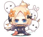  1girl abigail_williams_(fate/grand_order) balloon bangs black_bow black_jacket blonde_hair blue_eyes blush bow chibi commentary_request crossed_bandaids eyebrows_visible_through_hair fate/grand_order fate_(series) forehead fou_(fate/grand_order) full_body hair_bow hair_bun heroic_spirit_traveling_outfit jacket long_hair long_sleeves looking_at_viewer medjed orange_bow parted_bangs parted_lips polka_dot polka_dot_bow sitting sleeves_past_fingers sleeves_past_wrists solo stuffed_animal stuffed_toy teddy_bear twitter_username wariza white_background yukiyuki_441 