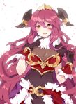  1girl blush breasts cleavage covered_navel dragalia_lost fang fruitfroze fur_collar fur_trim gloves highres horns long_hair mumu_(dragalia_lost) open_mouth redhead solo yellow_eyes 