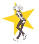  1girl arm_behind_back boku_no_hero_academia from_side full_body jacket leg_up limited_palette looking_at_viewer marunoii pants smile solo standing standing_on_one_leg star uraraka_ochako white_background wristband 