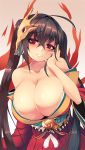  1girl absurdres ahoge azur_lane bangs bare_shoulders black_hair breasts cleavage collarbone commentary crossed_bangs english_commentary eyebrows_visible_through_hair eyes_visible_through_hair hair_between_eyes hand_on_own_cheek highres huge_breasts japanese_clothes kimono long_hair looking_at_viewer mask mask_on_head parted_lips red_eyes red_kimono smile solo sub-res taihou_(azur_lane) twintails very_long_hair wide_sleeves 