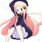  1girl abigail_williams_(fate/grand_order) arm_up bangs black_bow black_dress black_hat blonde_hair bloomers blue_eyes blush bow bug butterfly dated dress eyebrows_visible_through_hair fate/grand_order fate_(series) forehead hair_bow hand_on_headwear hat head_tilt insect kujou_karasuma long_hair long_sleeves looking_at_viewer object_hug open_mouth orange_bow parted_bangs polka_dot polka_dot_bow signature simple_background sitting sketch sleeves_past_fingers sleeves_past_wrists solo stuffed_animal stuffed_toy tears teddy_bear underwear very_long_hair white_background white_bloomers 