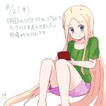  1girl abigail_williams_(fate/grand_order) alternate_costume bangs blonde_hair blue_eyes blush closed_mouth collarbone dated eyebrows_visible_through_hair fate/grand_order fate_(series) feet_out_of_frame forehead green_shirt handheld_game_console head_tilt holding_handheld_game_console kujou_karasuma long_hair looking_at_viewer parted_bangs pink_shorts shirt short_shorts short_sleeves shorts signature simple_background sitting smile solo translation_request very_long_hair white_background 