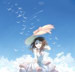  1girl :d bird blue_sky boku_no_hero_academia brown_eyes brown_hair character_name clouds day dress floating_hair flower hand_in_hair hat highres kuropekoe long_hair open_mouth petals sky sleeveless sleeveless_dress smile solo sun_hat sundress title uraraka_ochako white_dress wind wind_lift 