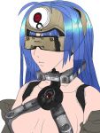  1girl android blue_hair breasts cleavage closed_mouth commentary_request cyborg forehead_protector head_mounted_display kos-mos kos-mos_(archetype) long_hair simple_background solo virtues white_background xenosaga xenosaga_episode_i 