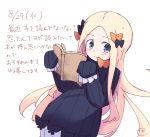  1girl abigail_williams_(fate/grand_order) bangs black_bow black_dress blonde_hair bloomers blue_eyes blush book bow bug butterfly closed_mouth dated dress dutch_angle eyebrows_visible_through_hair fate/grand_order fate_(series) forehead hair_bow hands_up holding holding_book insect kujou_karasuma long_hair long_sleeves no_hat no_headwear open_book orange_bow parted_bangs signature sketch sleeves_past_fingers sleeves_past_wrists smile solo translation_request underwear very_long_hair white_bloomers 