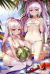  2girls absurdres animal_ears ayanami_(azur_lane) azur_lane ball beach beachball bikini blonde_hair blush bottle breasts cafe_pretor day fake_animal_ears food fruit gluteal_fold hairband hammock hands_on_own_chest highres kneeling laffey_(azur_lane) large_breasts long_hair looking_at_viewer medium_breasts multiple_girls navel orange_eyes palm_tree parted_lips ponytail silver_hair sitting skindentation swimsuit thigh-highs tree twintails wariza watermelon watermelon_beachball white_bikini white_legwear 