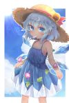  1girl adapted_costume bare_arms bare_shoulders blue_dress blue_eyes blue_hair blue_sky blush cirno clouds collarbone day dress eyebrows_visible_through_hair flat_chest flower food hat hat_flower hat_ribbon highres ice ice_wings kibisake lens_flare melting morning_glory mouth_hold outline outside_border popsicle red_ribbon ribbon short_hair skirt_hold sky sleeveless sleeveless_dress solo standing straw_hat sun sun_hat sunflower sweat tan tanline tanned_cirno touhou wings 