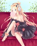  1girl abigail_williams_(fate/grand_order) ankle_scrunchie bangs bare_shoulders barefoot black_bow black_dress blonde_hair blue_eyes blush bow breasts bubble_blowing bug butterfly chewing_gum commentary_request couch dress fate/grand_order fate_(series) forehead hair_bow hair_bun headphones highres insect leaf long_hair long_sleeves looking_away looking_to_the_side medium_breasts no_hat no_headwear object_hug off_shoulder on_couch orange_bow orange_scrunchie parted_bangs pikunoma scrunchie sitting sleeves_past_fingers sleeves_past_wrists solo stuffed_animal stuffed_toy teddy_bear toenails very_long_hair 