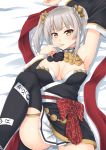  1girl arm_up armpits black_legwear bow braid breasts brown_eyes cleavage crown_braid detached_sleeves fingers_to_mouth hand_up highres jin-guang_sheng-pu knee_up looking_at_viewer lying medium_breasts on_back on_bed red_bow sano_souichi sennen_sensou_aigis silver_hair skirt thigh-highs two_side_up white_skirt 