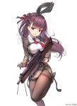  1girl bangs black_footwear black_hairband black_ribbon blush braid brown_dress brown_gloves brown_legwear bullpup commentary dress eyebrows_visible_through_hair finger_on_trigger girls_frontline gloves gun hair_ribbon hairband head_tilt highres holding holding_gun holding_weapon lee_seok_ho long_hair long_sleeves looking_at_viewer object_namesake pantyhose parted_lips purple_hair red_ribbon ribbon rifle shoes signature simple_background sniper_rifle solo standing standing_on_one_leg sweat thighband_pantyhose very_long_hair violet_eyes wa2000_(girls_frontline) walther walther_wa_2000 weapon white_background 