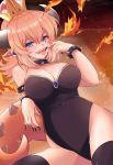  1girl armlet artist_name bare_shoulders black_legwear black_leotard blonde_hair blue_earrings blue_eyes bowsette bracelet breasts cleavage collar covered_navel earrings eyebrows_visible_through_hair fire hair_between_eyes highres jewelry large_breasts leotard looking_at_viewer super_mario_bros. naopy new_super_mario_bros._u_deluxe nintendo open_mouth pointy_ears ponytail saliva sharp_teeth short_hair solo spiked_armlet spiked_bracelet spiked_collar spikes super_crown tail teeth thigh-highs tongue tongue_out 
