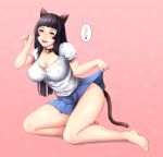  1girl :d animal_ears bangs barefoot bell bell_collar black_collar black_hair blue_skirt blunt_bangs breasts brown_eyes cat_ears cat_tail cleavage collar full_body highres kneeling large_breasts lifted_by_self long_hair looking_at_viewer nyatokanyaru open_mouth paw_pose pink_background shirt short_sleeves skirt skirt_lift smile solo speech_bubble tail very_long_hair white_shirt 